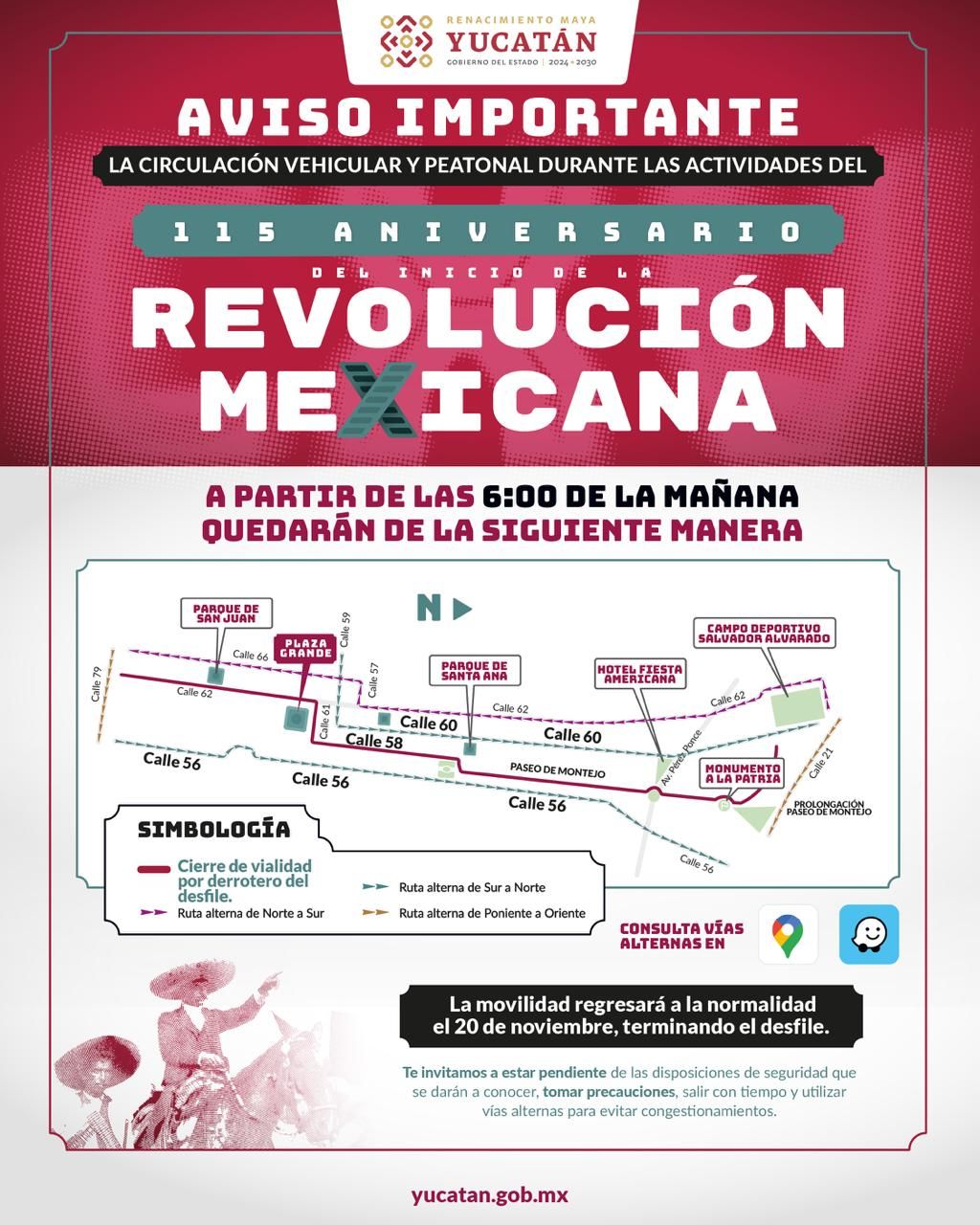Cierres viales en Mérida por desfile del 115 aniversario de la Revolución Mexicana
